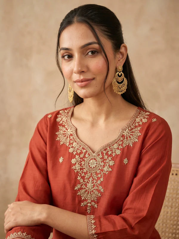 Rust Cording Chanderi Readymade Salwar Suit