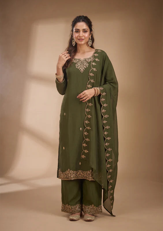 Mehandi Green Cording Chanderi Readymade Salwar Suit