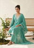 Sea Green Soft Raw Silk Threadwork Straight Kurta With Regular Pant And Dupatta
