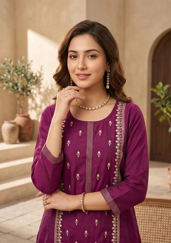 Wine Art Silk Threadwork A Line Kurta With Pant Regular And Dupatta