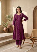 Wine Art Silk Threadwork A Line Kurta With Pant Regular And Dupatta