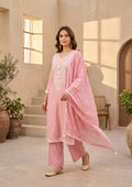 Gajari Pink Chanderi Threadwork Straight Kurta With Pant Regular And Dupatta