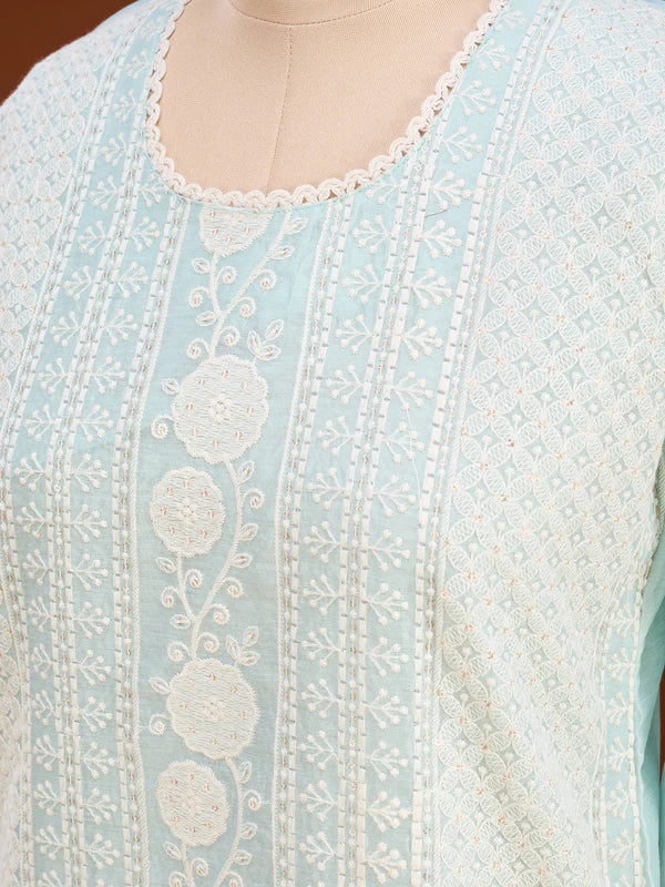 Sea Green Threadwork Chanderi Readymade Salwar Suit