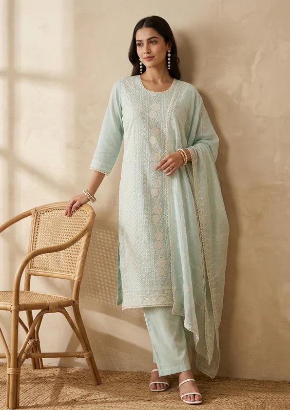 Sea Green Threadwork Chanderi Readymade Salwar Suit