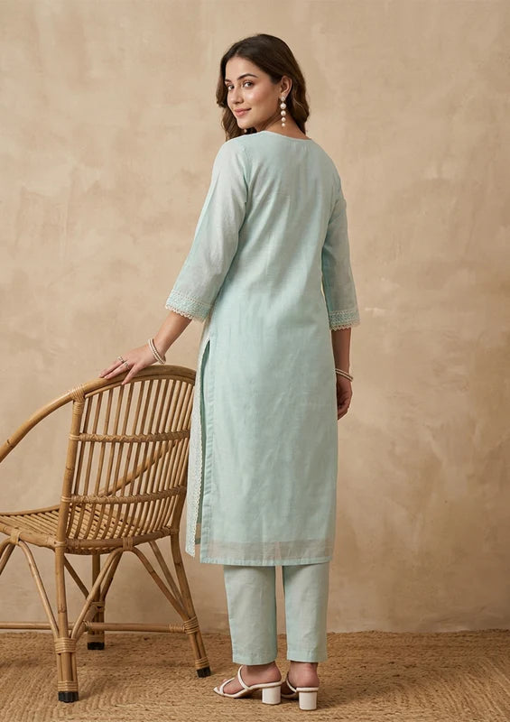 Sea Green Threadwork Chanderi Readymade Salwar Suit