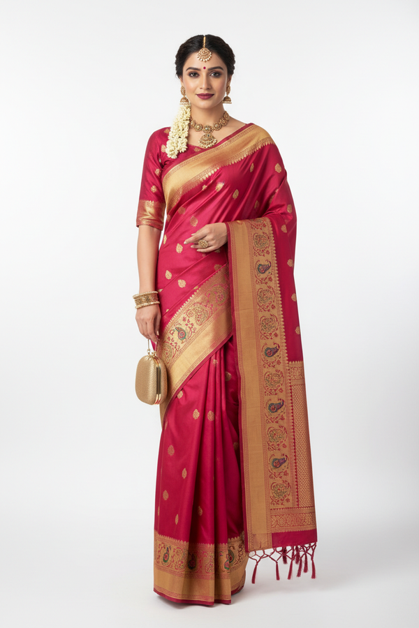 Rani Pink Silk Saree - Front View