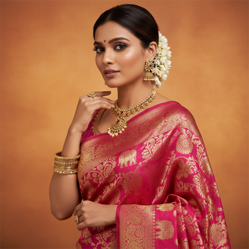 Rani Pink Silk Saree - Detail View
