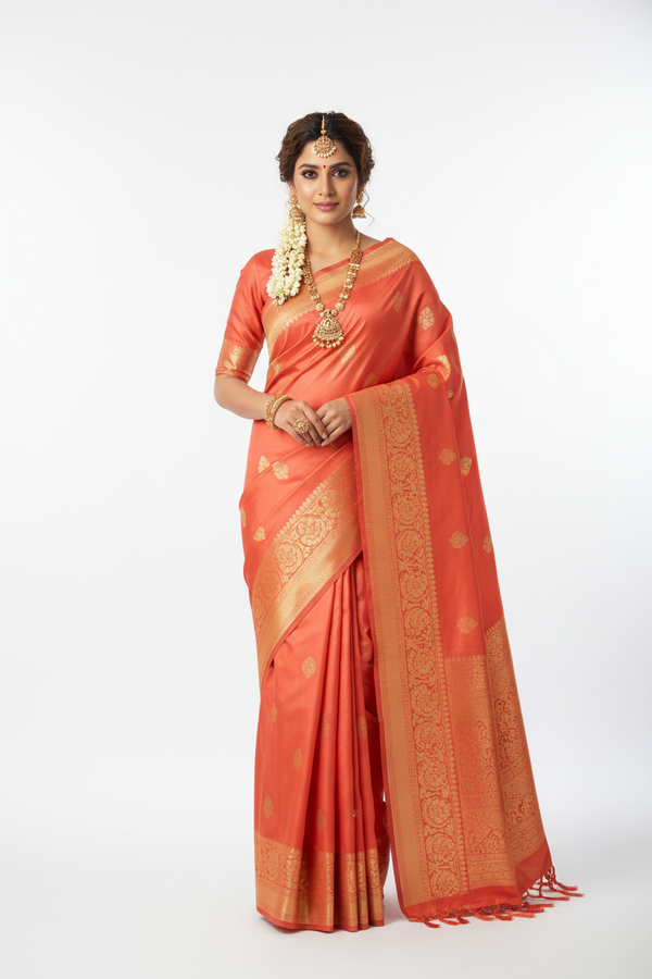 Coral Silk Saree - Front View