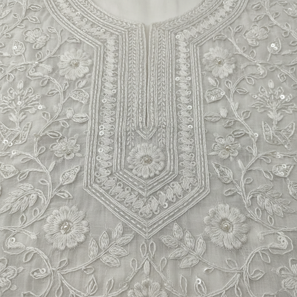 White Salwar Suit - Chikankari Close-up