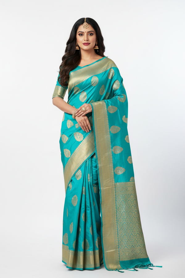 Firozi Silk Saree - Front View