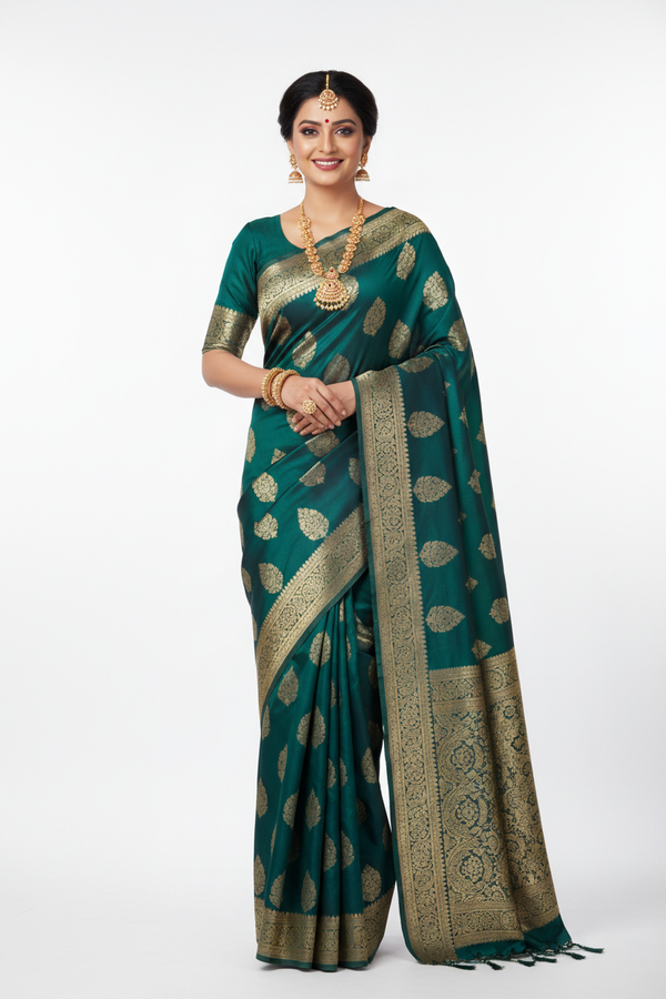 Teal Silk Saree - Front View
