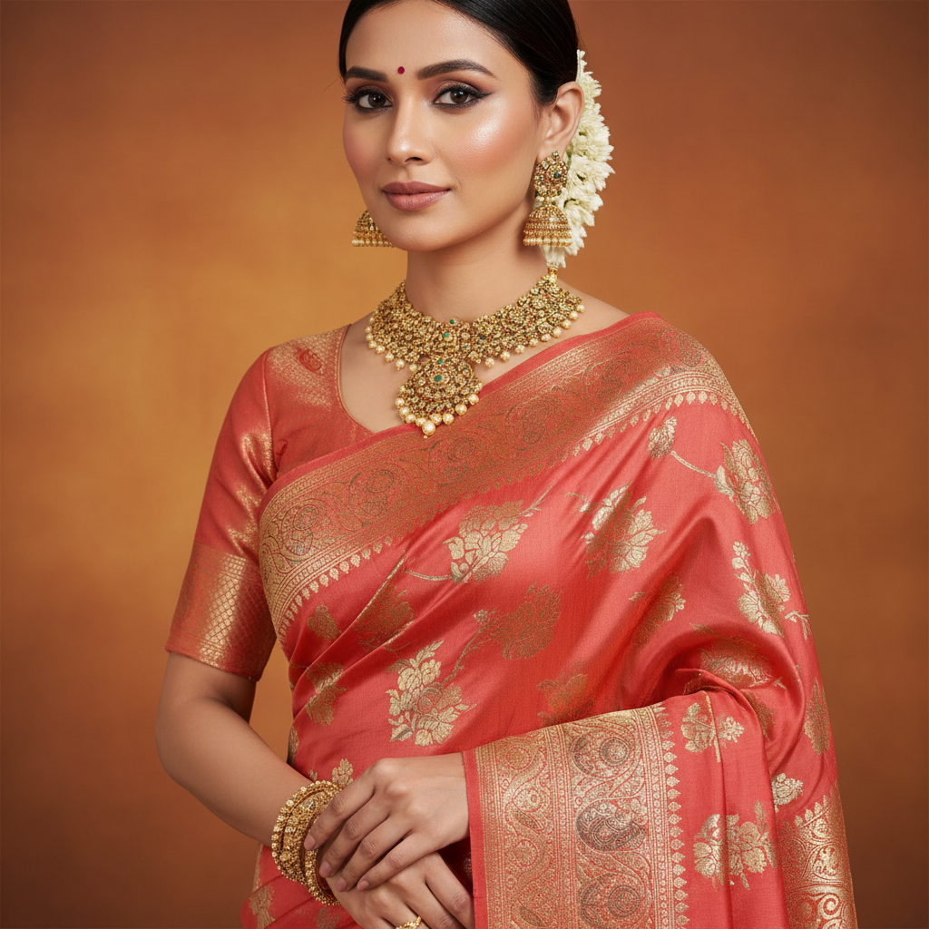 Coral Silk Saree - Detail View