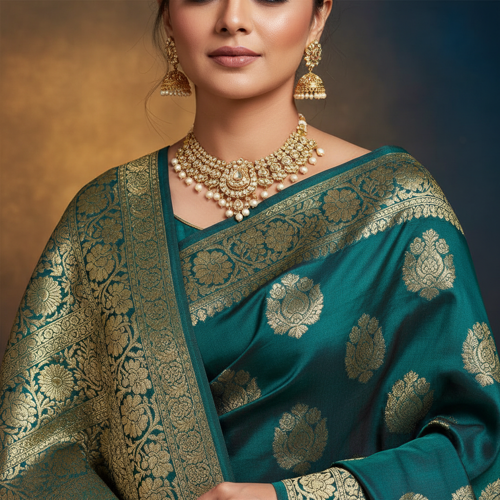Teal Silk Saree - Detail View