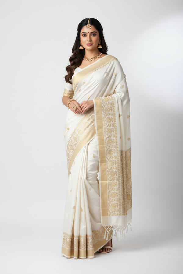 Safed Silk Saree - Front View