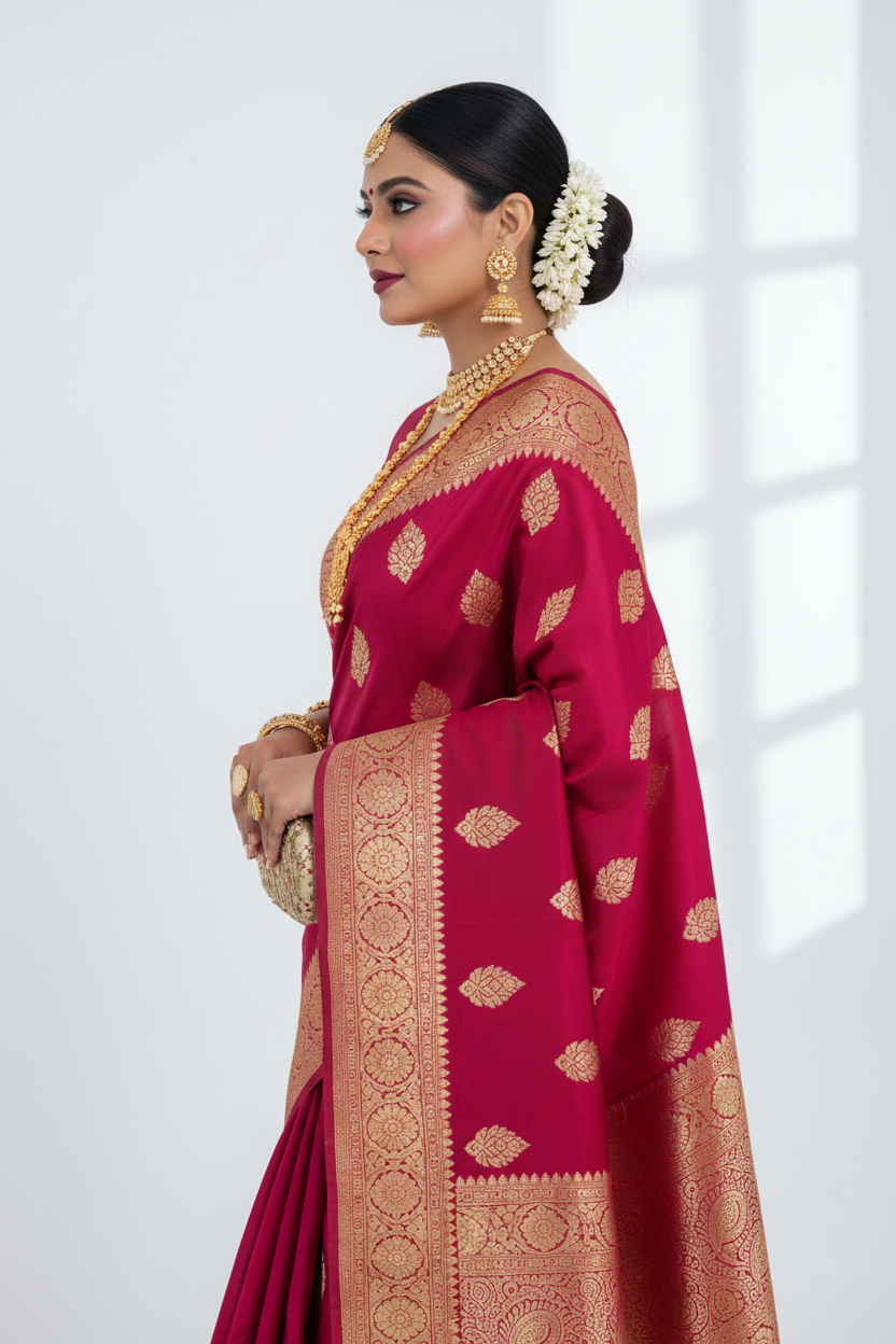 Rani Pink Silk Saree - Side View