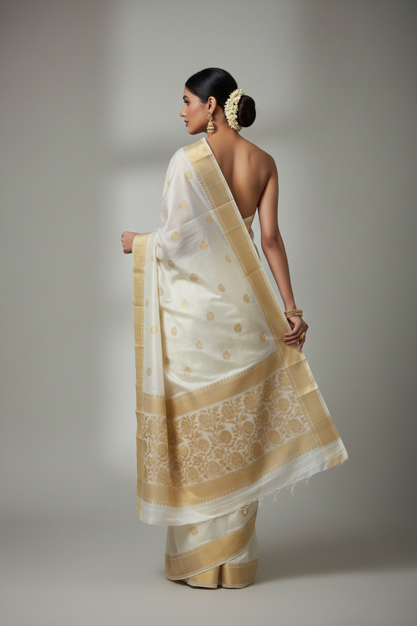 Safed Silk Saree - Back View