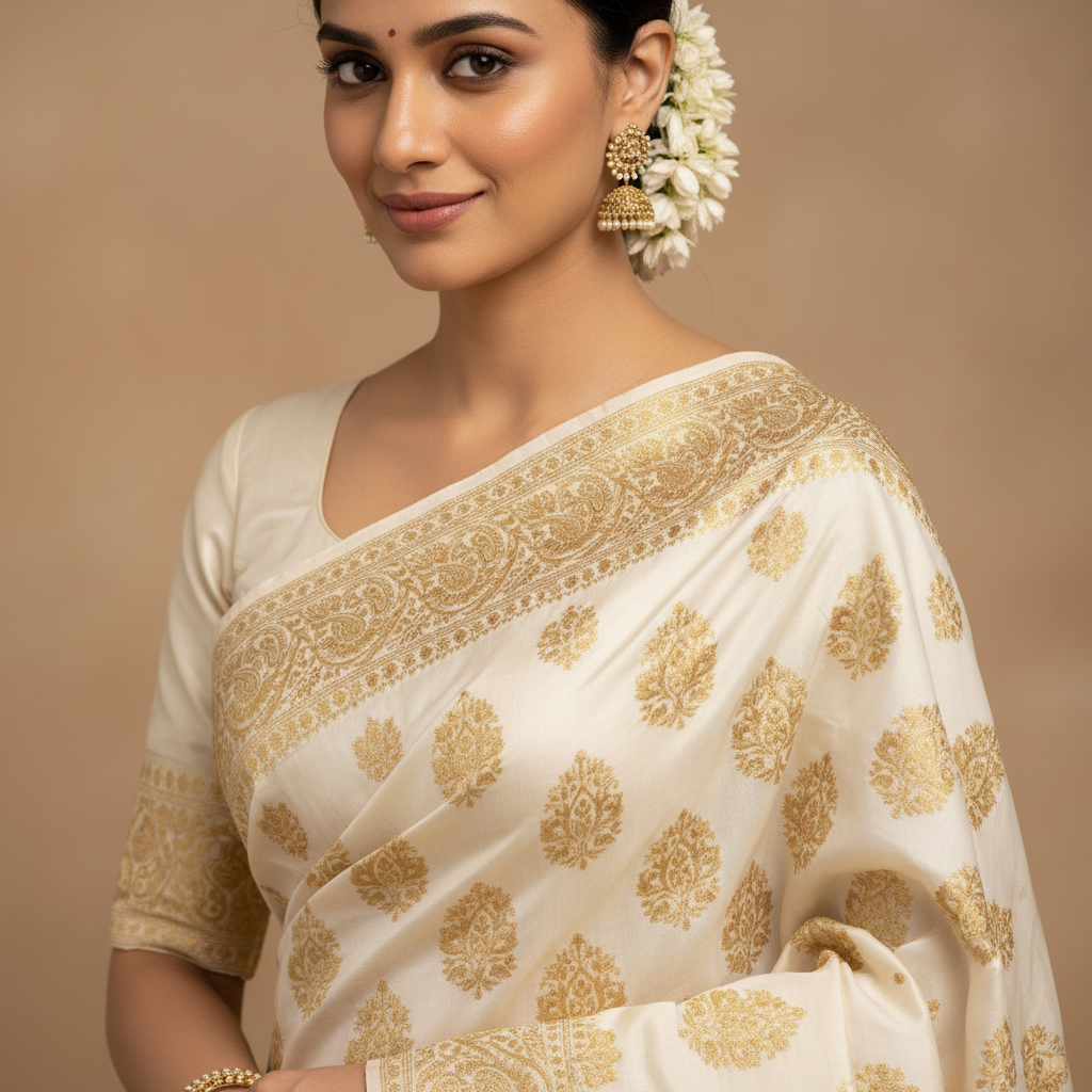Safed Silk Saree - Detail View