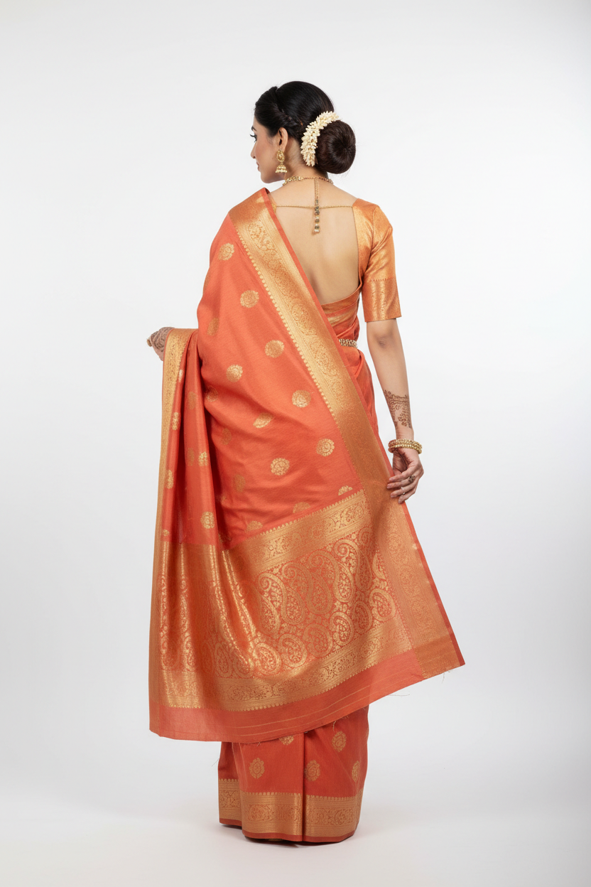 Coral Silk Saree - Back View