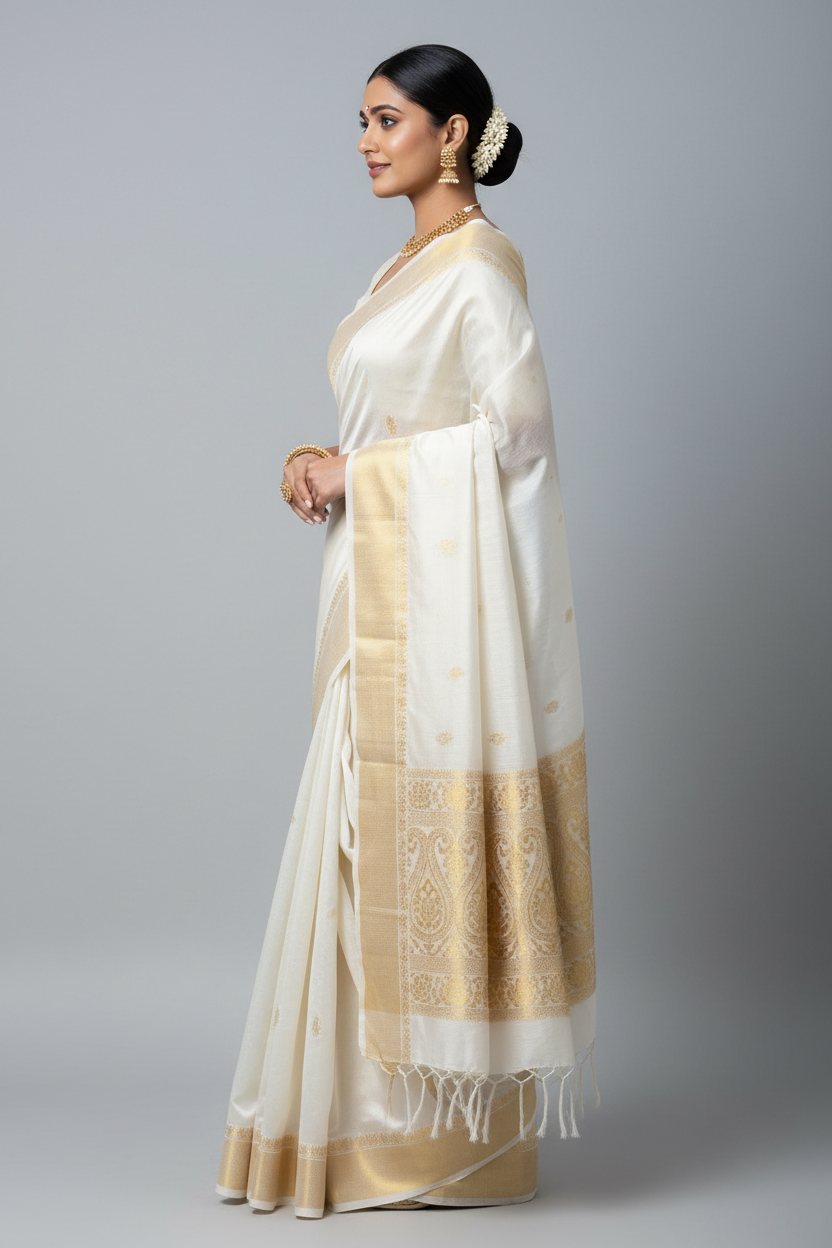 Safed Silk Saree - Side View