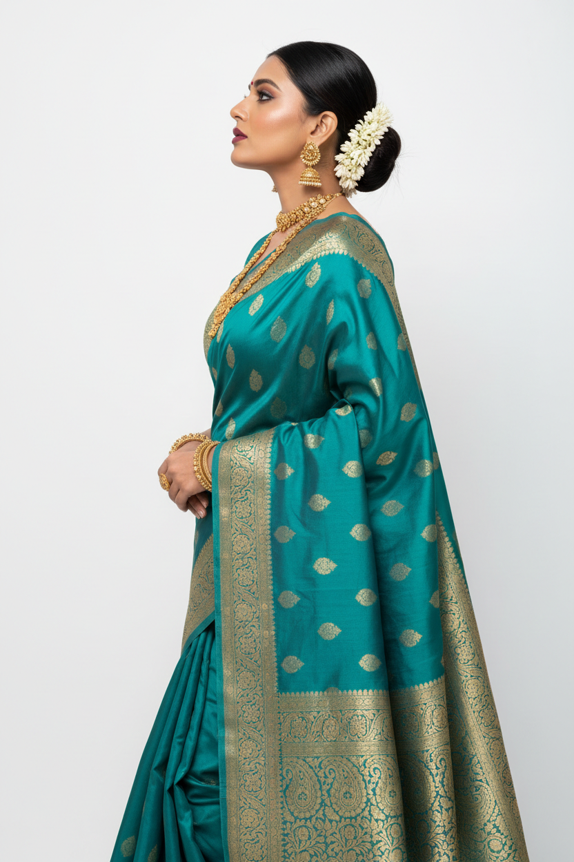 Firozi Silk Saree - Side View