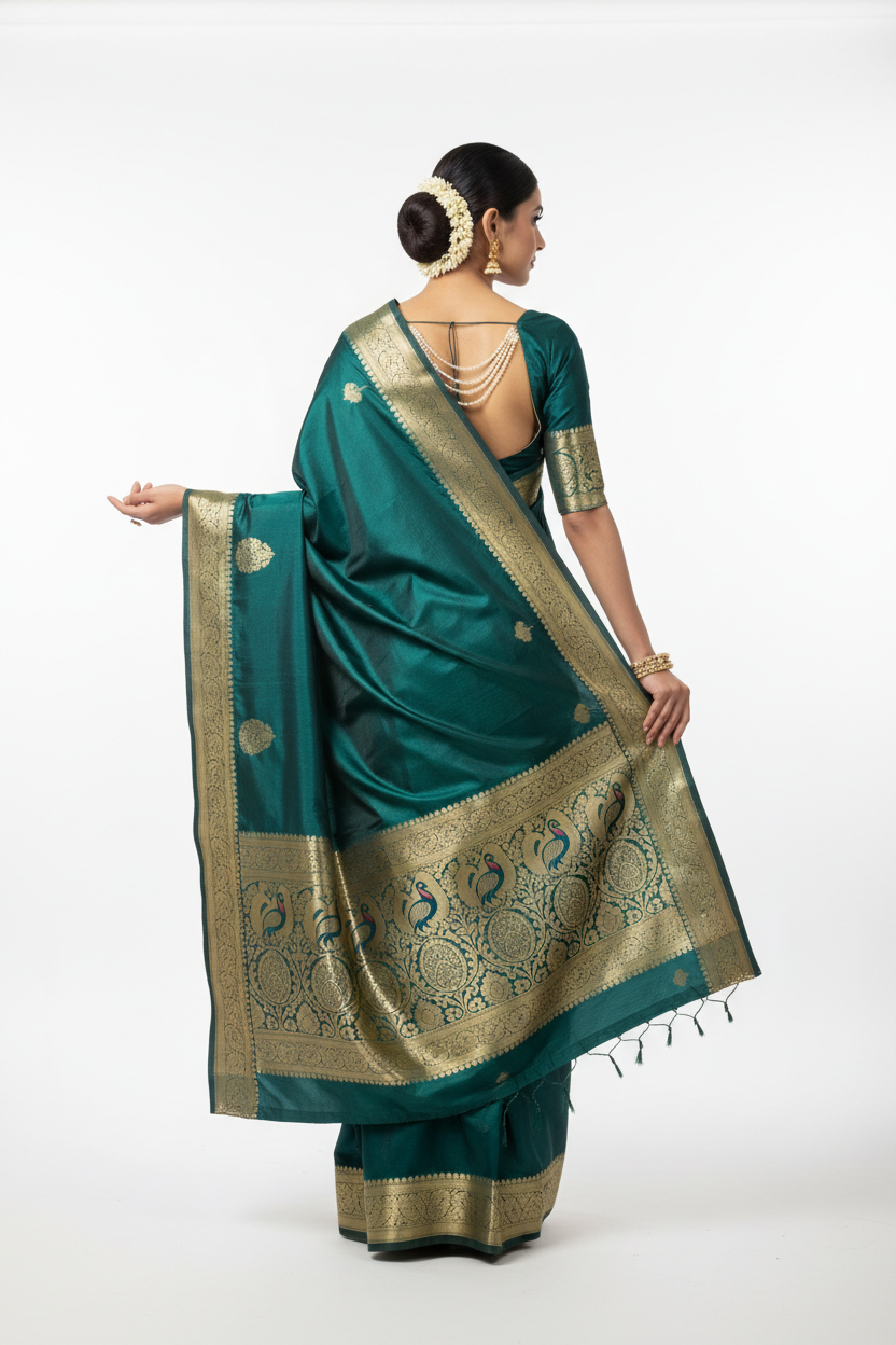 Teal Silk Saree - Back View