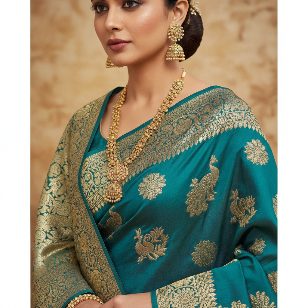 Firozi Silk Saree - Detail View