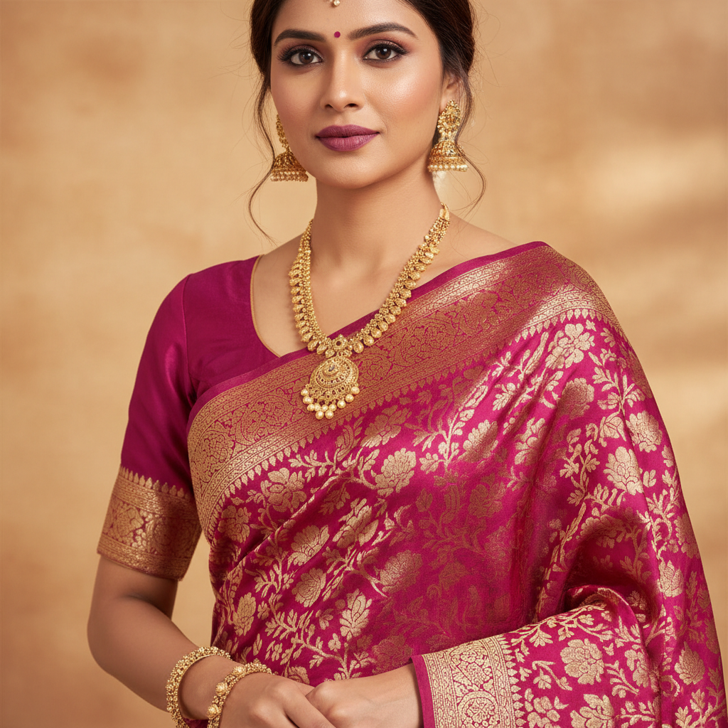 Magenta Silk Saree - Detail View