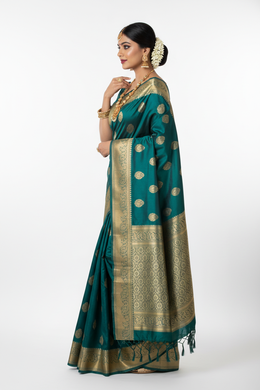 Teal Silk Saree - Side View