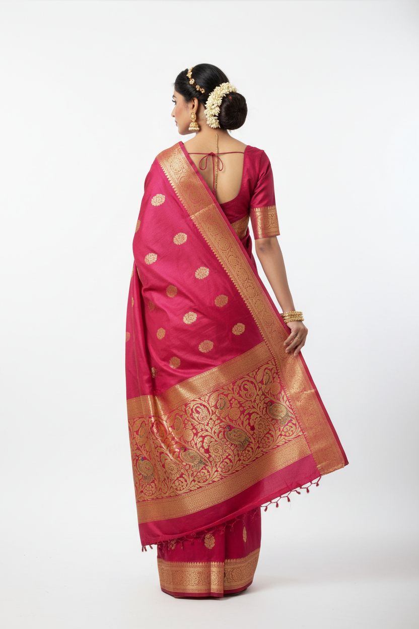 Rani Pink Silk Saree - Back View