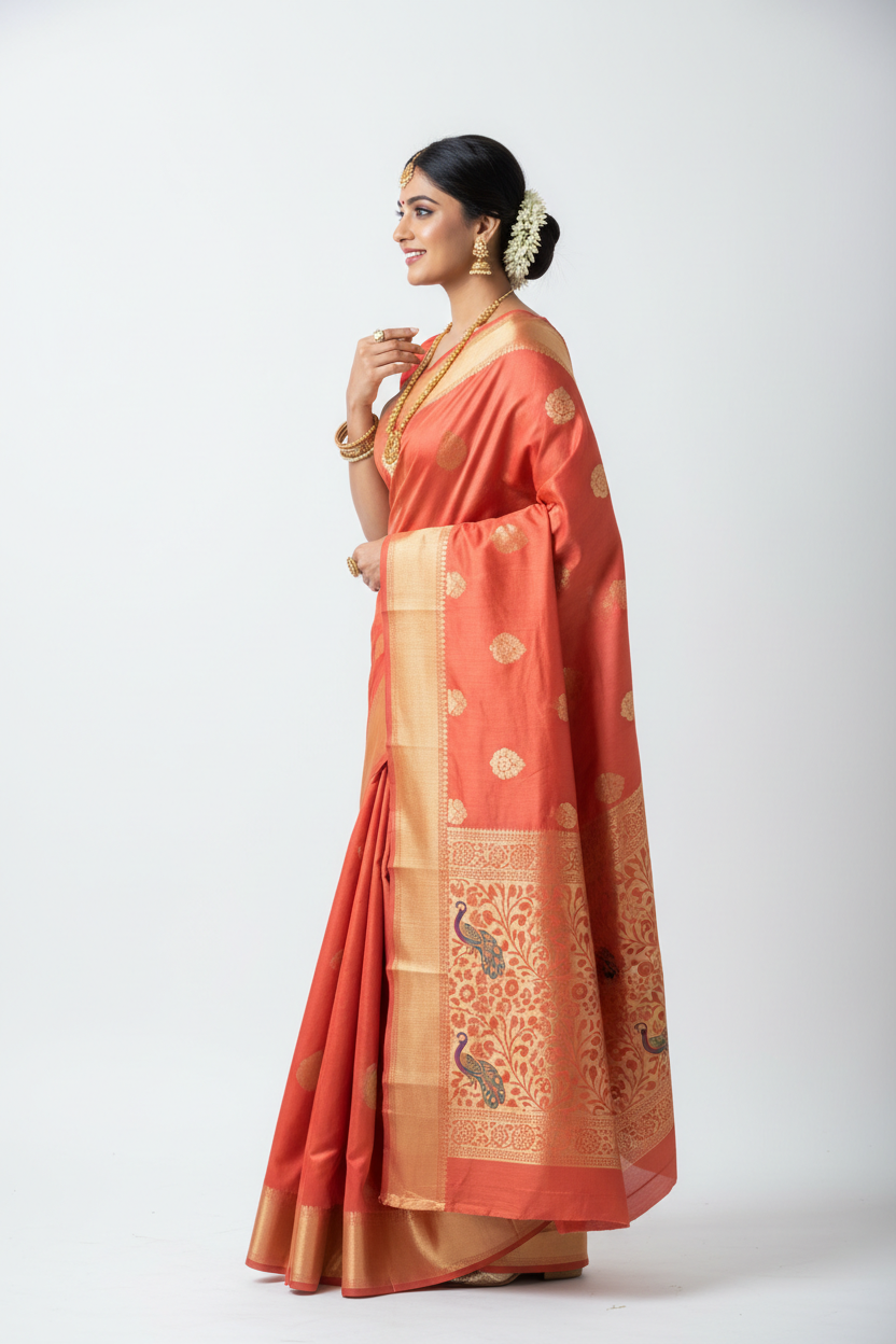 Coral Silk Saree - Side View