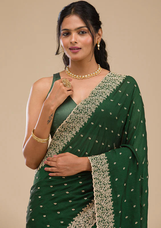 Mehandi Green Soft Raw Silk Gold Zariwork Saree With Matching Blouse Piece