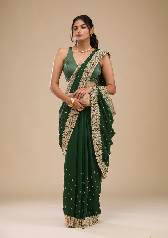 Mehandi Green Soft Raw Silk Gold Zariwork Saree With Matching Blouse Piece