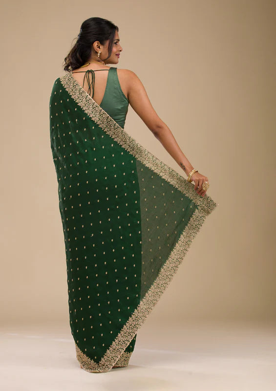 Mehandi Green Soft Raw Silk Gold Zariwork Saree With Matching Blouse Piece