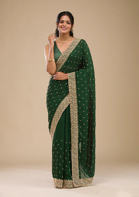 Mehandi Green Soft Raw Silk Gold Zariwork Saree With Matching Blouse Piece