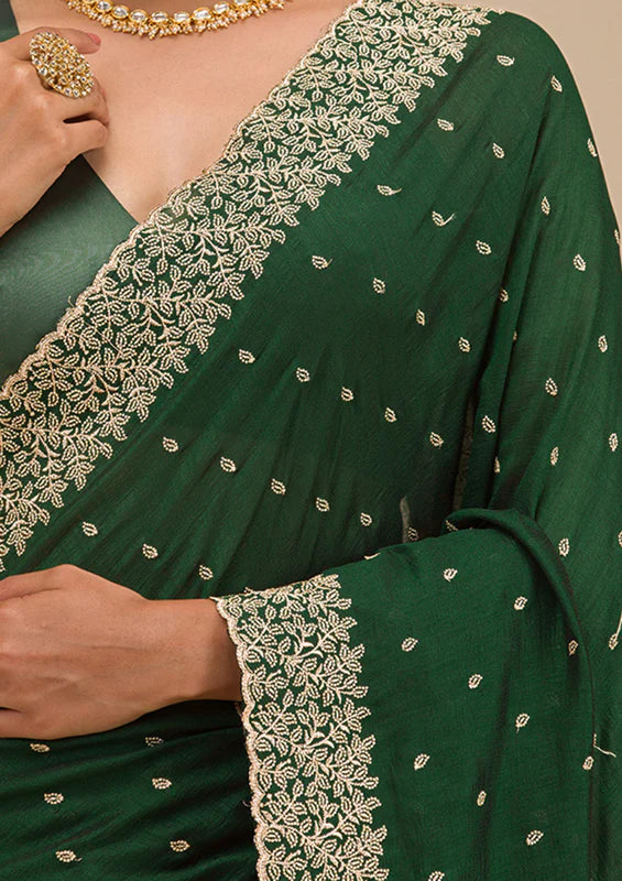 Mehandi Green Soft Raw Silk Gold Zariwork Saree With Matching Blouse Piece