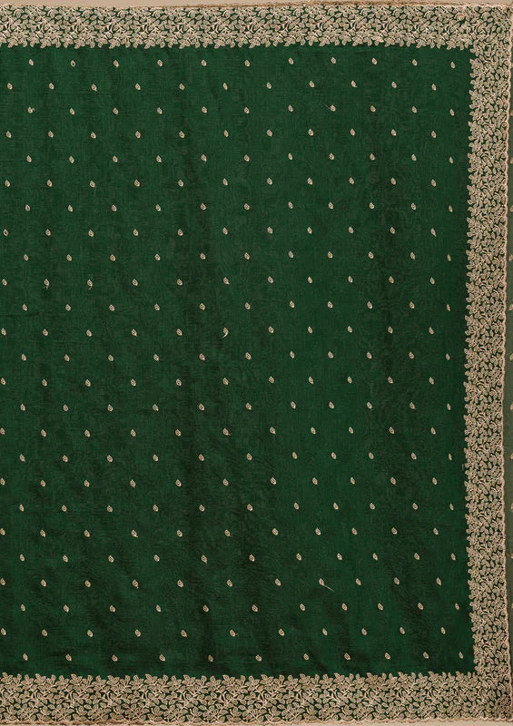 Mehandi Green Soft Raw Silk Gold Zariwork Saree With Matching Blouse Piece