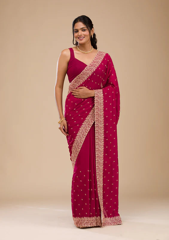 Rani Pink Soft Raw Silk Gold Zariwork Saree With Matching Blouse Piece