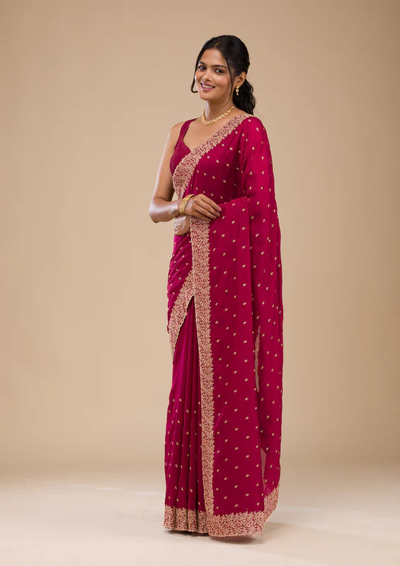 Rani Pink Soft Raw Silk Gold Zariwork Saree With Matching Blouse Piece