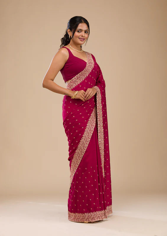 Rani Pink Soft Raw Silk Gold Zariwork Saree With Matching Blouse Piece