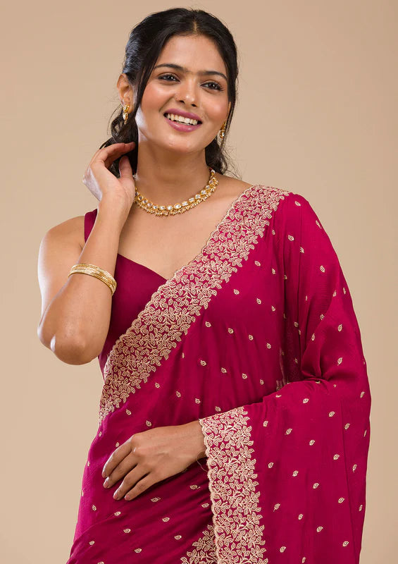 Rani Pink Soft Raw Silk Gold Zariwork Saree With Matching Blouse Piece