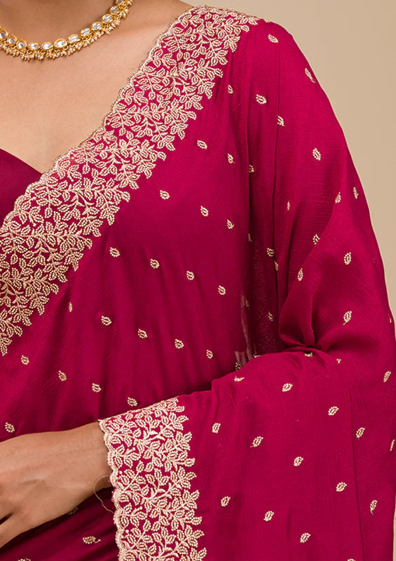 Rani Pink Soft Raw Silk Gold Zariwork Saree With Matching Blouse Piece