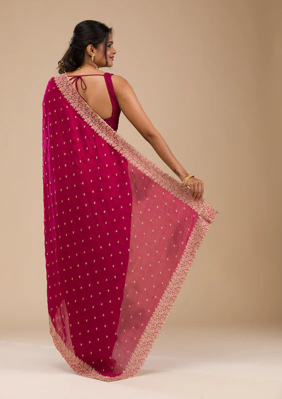 Rani Pink Soft Raw Silk Gold Zariwork Saree With Matching Blouse Piece
