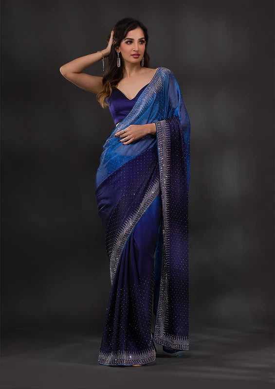 Navy Blue Crepe Silver Stonework Saree With Matching Blouse Piece