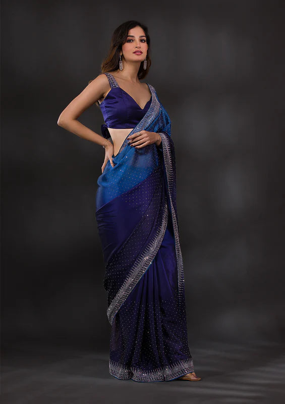 Navy Blue Crepe Silver Stonework Saree With Matching Blouse Piece