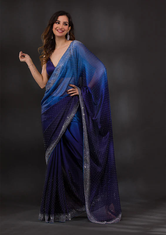 Navy Blue Crepe Silver Stonework Saree With Matching Blouse Piece