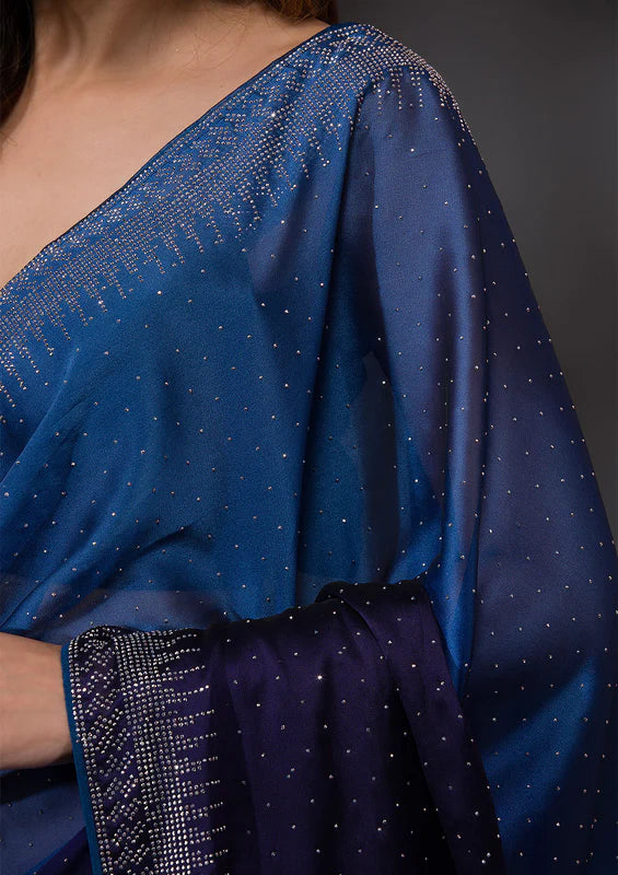 Navy Blue Crepe Silver Stonework Saree With Matching Blouse Piece