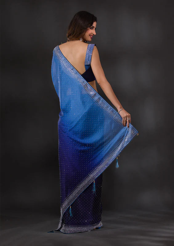 Navy Blue Crepe Silver Stonework Saree With Matching Blouse Piece