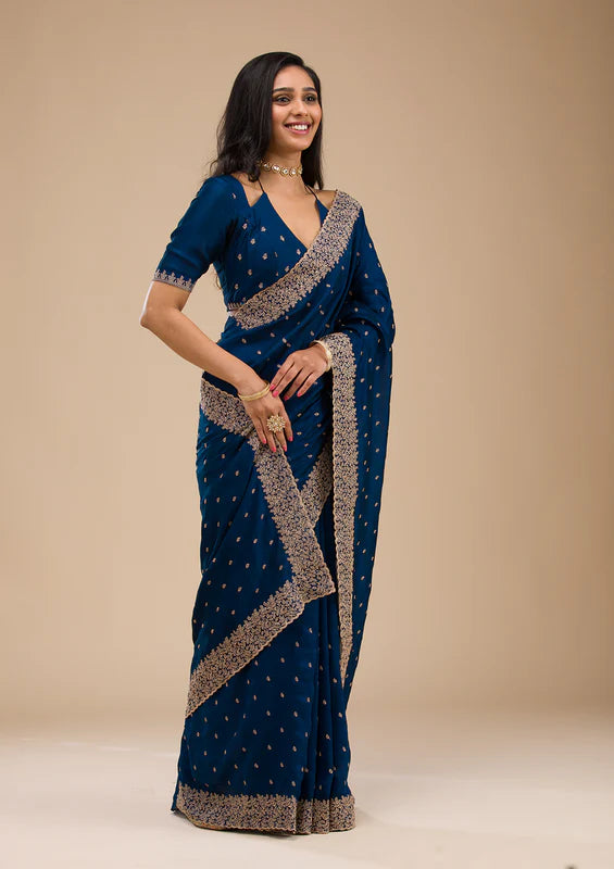 Navy Blue Soft Raw Silk Gold Zariwork Saree With Matching Blouse Piece