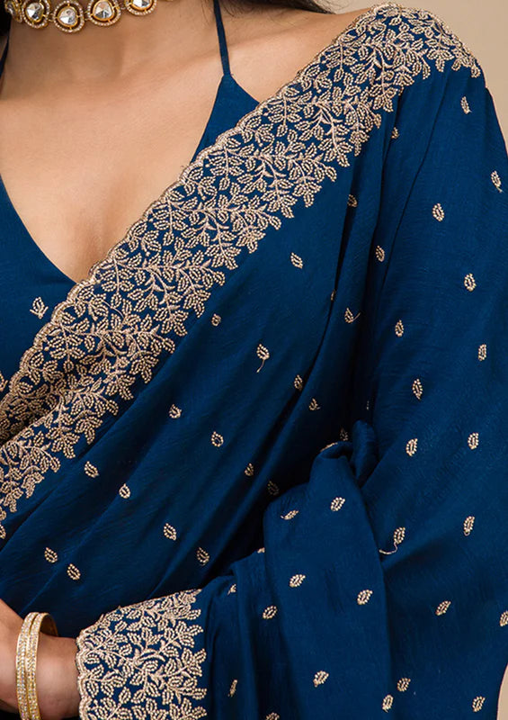 Navy Blue Soft Raw Silk Gold Zariwork Saree With Matching Blouse Piece