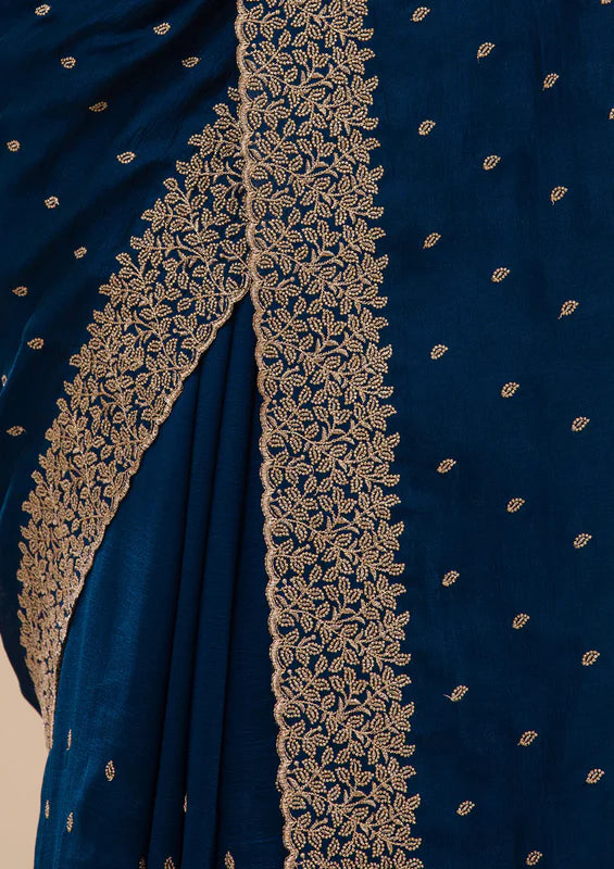 Navy Blue Soft Raw Silk Gold Zariwork Saree With Matching Blouse Piece